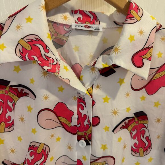 Vintage Nylon Apparel Shirt Womens Medium White/Pink Western Boot Button Up 90s - Picture 5 of 8